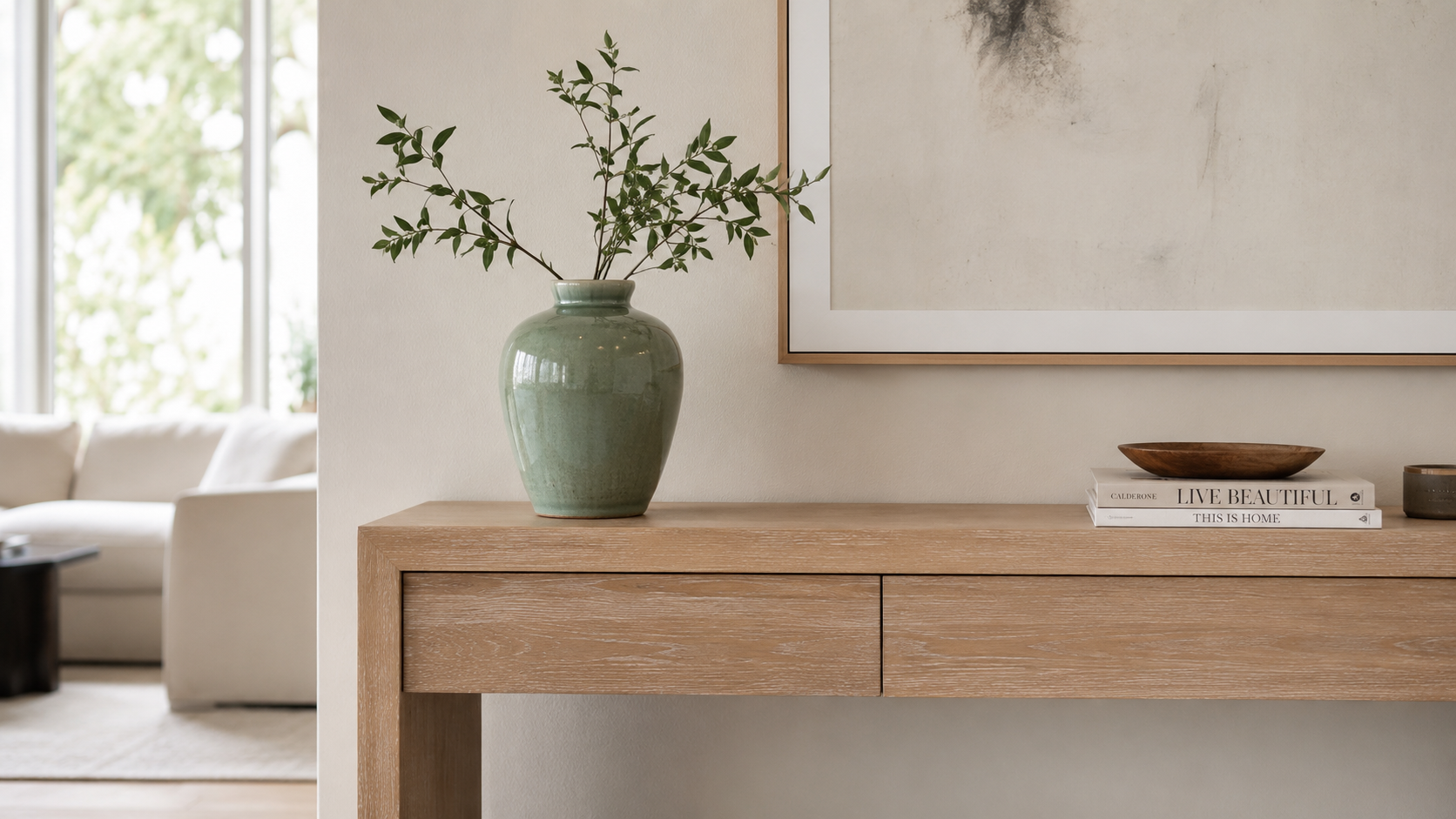 Warm Wood Credenza Jade Vases